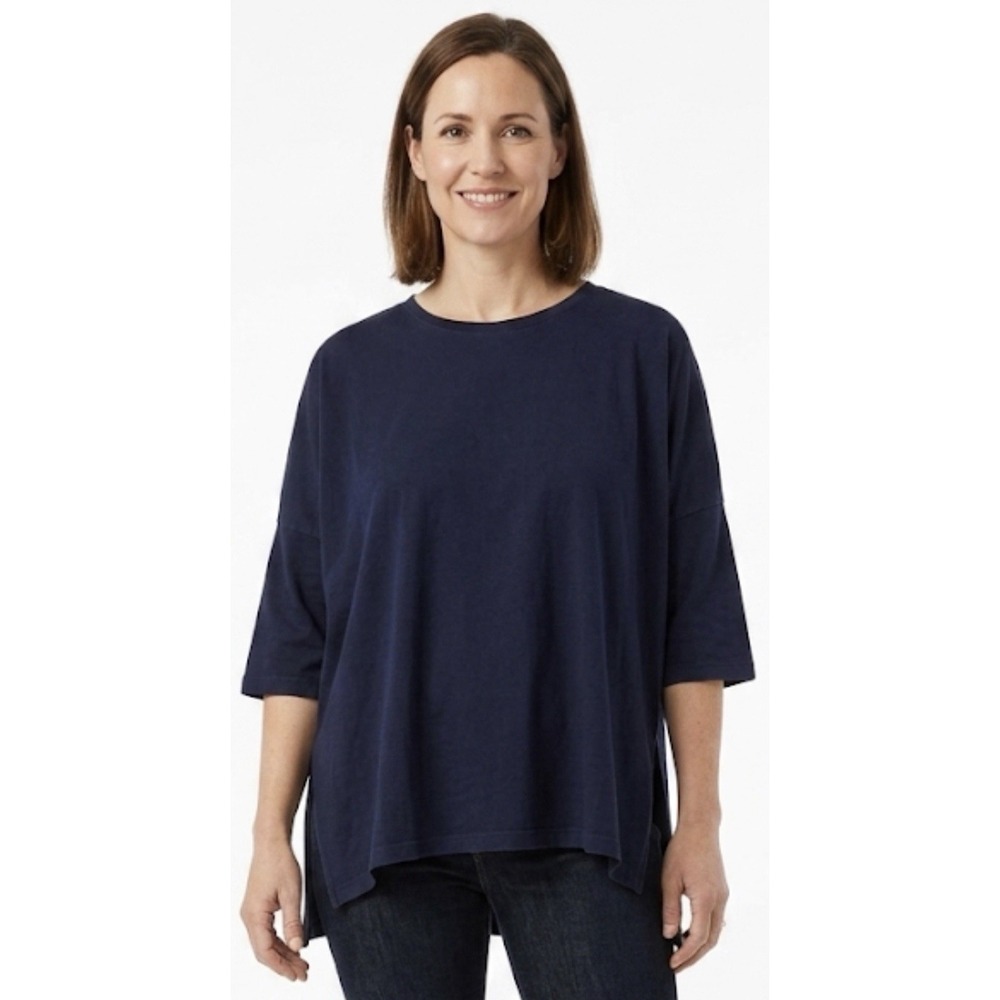 Mersea T-Shirt Women Blue Sz OS Boxy Oversized 3/4 Sleeve Pima Cotton Side Slits